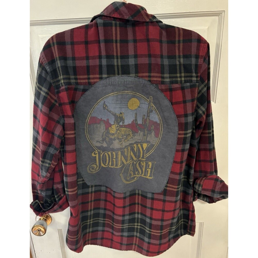 Johnny Cash Upcycled Flannel Shirt Unisex Size Mens Medium Long Sleeve Buttonup - Picture 3 of 8